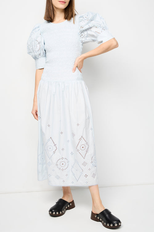 Broderie Anglaise Long Smocked Dress - Illusion Blue