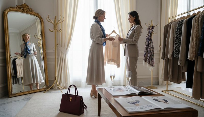 Ambiance raffinée d'une vente privée haut de gamme dans un salon réservé aux invités privilégiés.