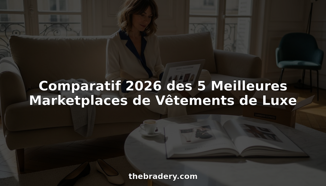 Installée confortablement sur son canapé, une femme explore les dernières tendances mode sur une plateforme dédiée aux vêtements de luxe.