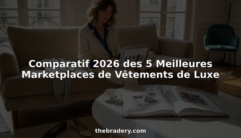 Installée confortablement sur son canapé, une femme explore les dernières tendances mode sur une plateforme dédiée aux vêtements de luxe.