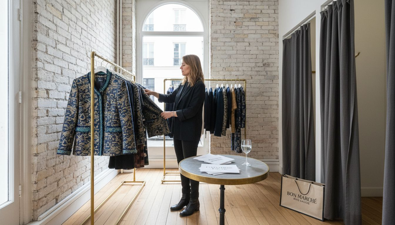 Une femme élégante flâne dans une boutique lors d'une vente privée, à la recherche de pièces raffinées.