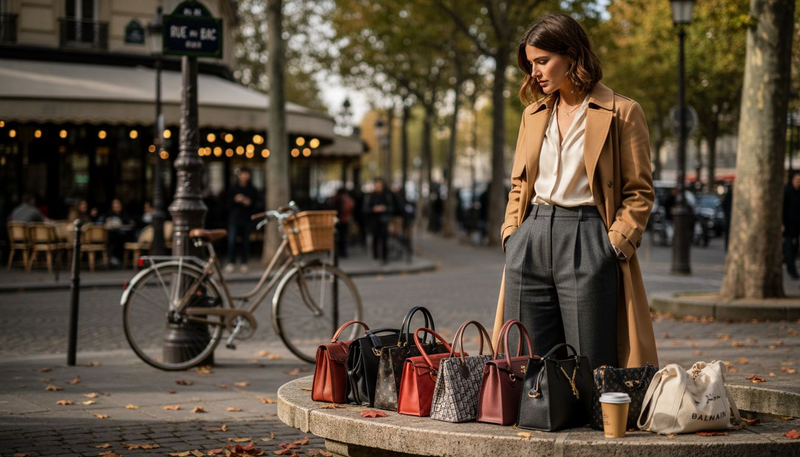 Une femme examine attentivement des sacs à main de luxe exposés sur un trottoir parisien.