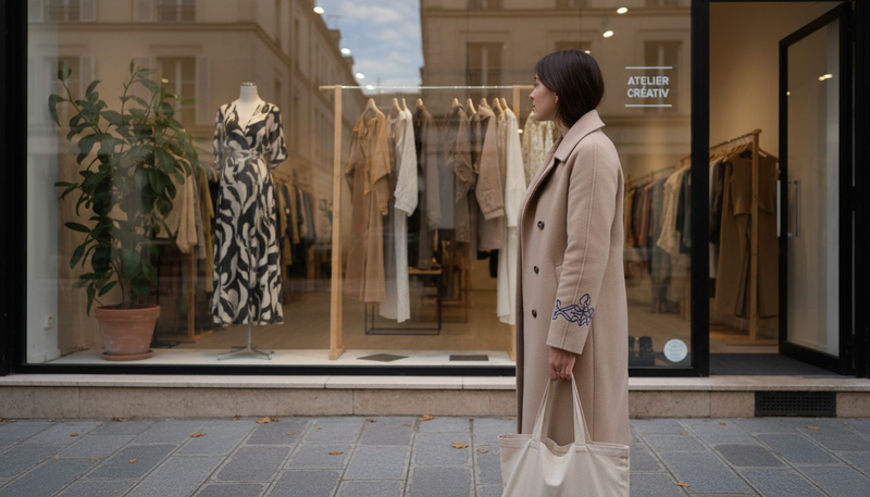 Une femme flâne devant la vitrine d’une boutique de mode confidentielle.