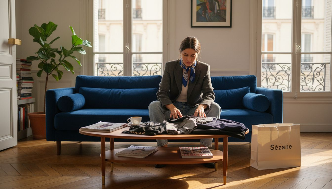 Une femme organise sa garde-robe raffinée dans l’intimité de son appartement, en prenant soin de chaque pièce de créateur.