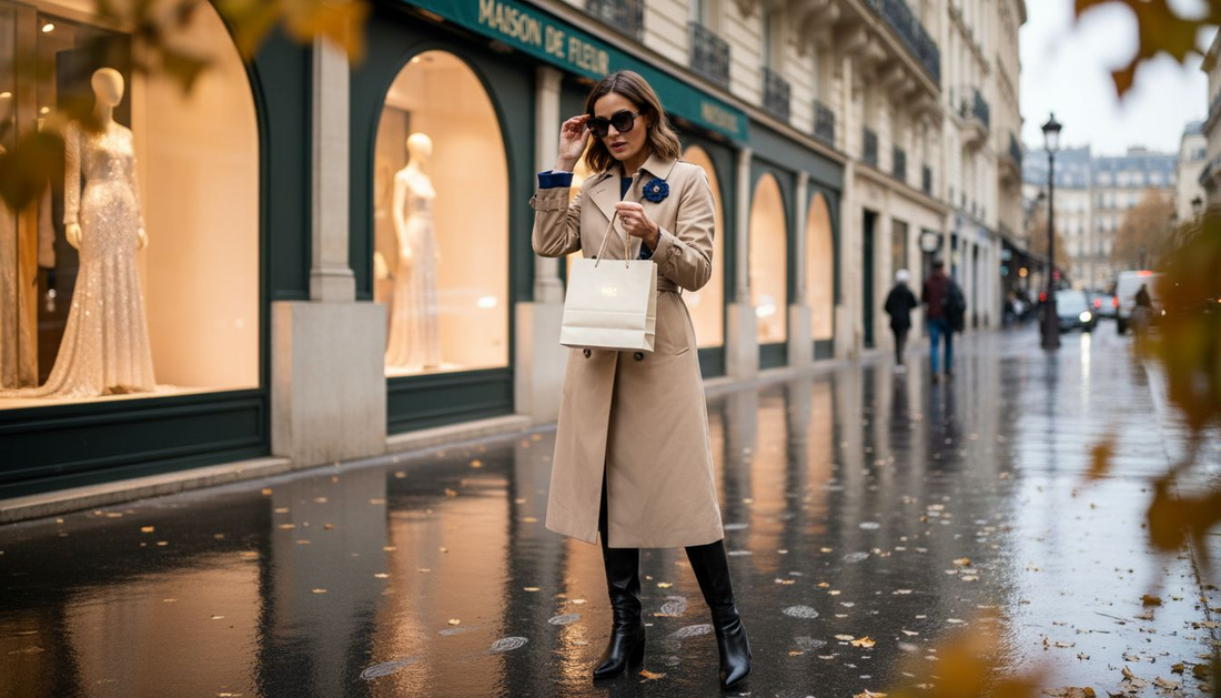Une femme flâne devant les vitrines d’une boutique de luxe dans les rues élégantes de Paris, prête à s’offrir un moment shopping raffiné.