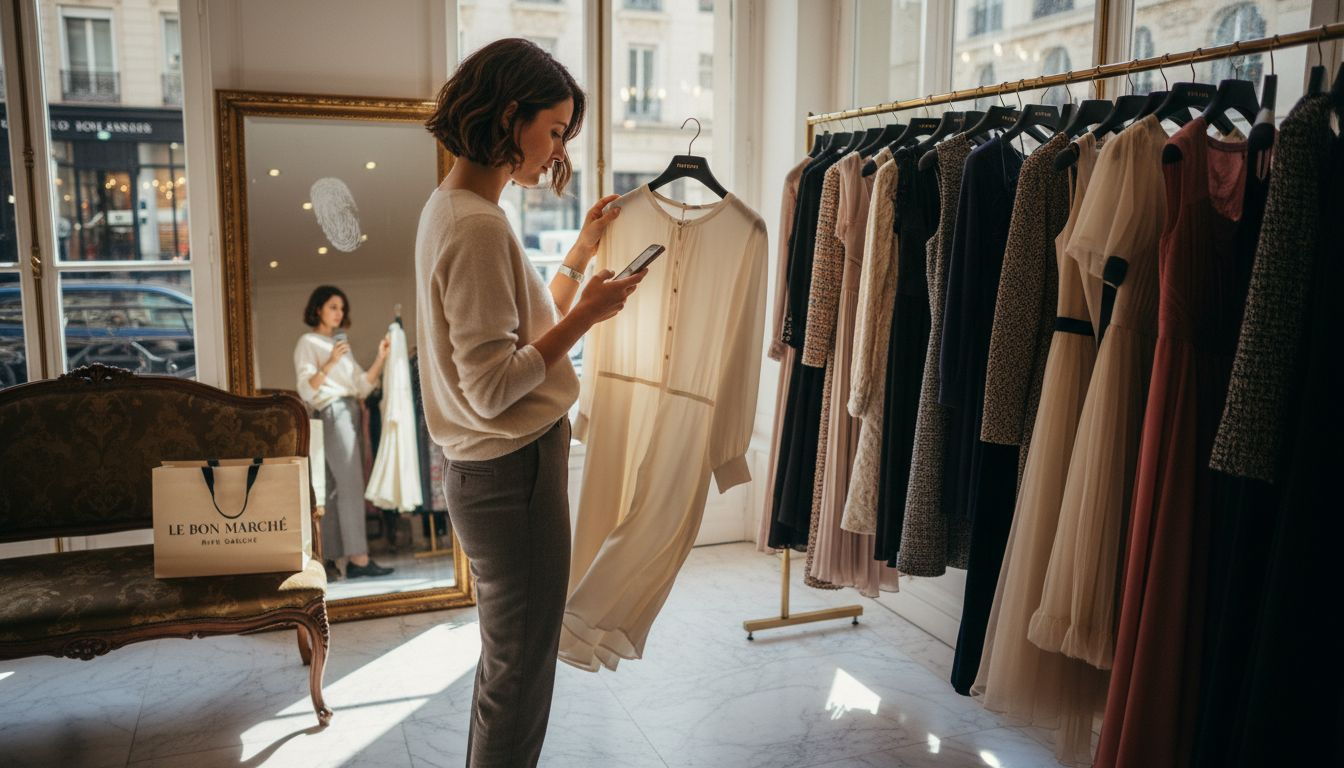 Une femme en quête de robes haute couture dans les boutiques de luxe.