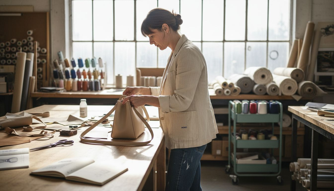 Dans son atelier, une créatrice inspecte minutieusement un sac à main, attentive au moindre détail.