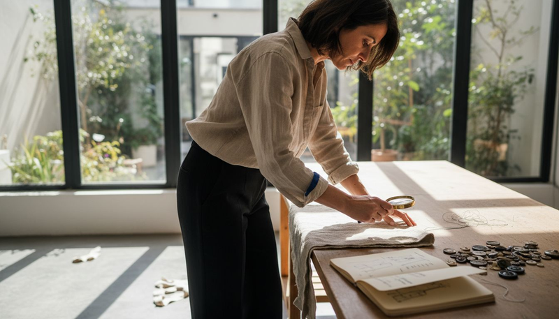 Une styliste s’affaire dans son atelier, engagée dans une mode responsable.