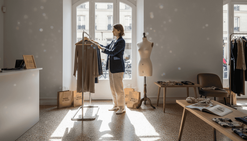 Un créateur de mode en pleine préparation de sa collection dans un showroom parisien.