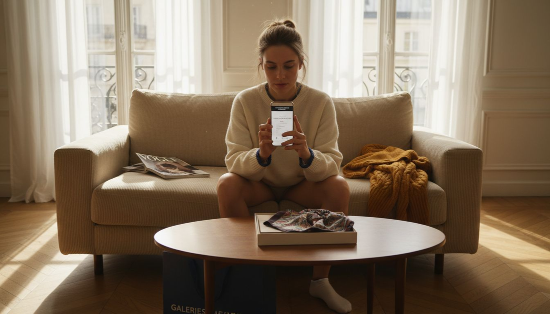 Une jeune femme découvre des offres exclusives sur une application dédiée au luxe, confortablement installée chez elle.