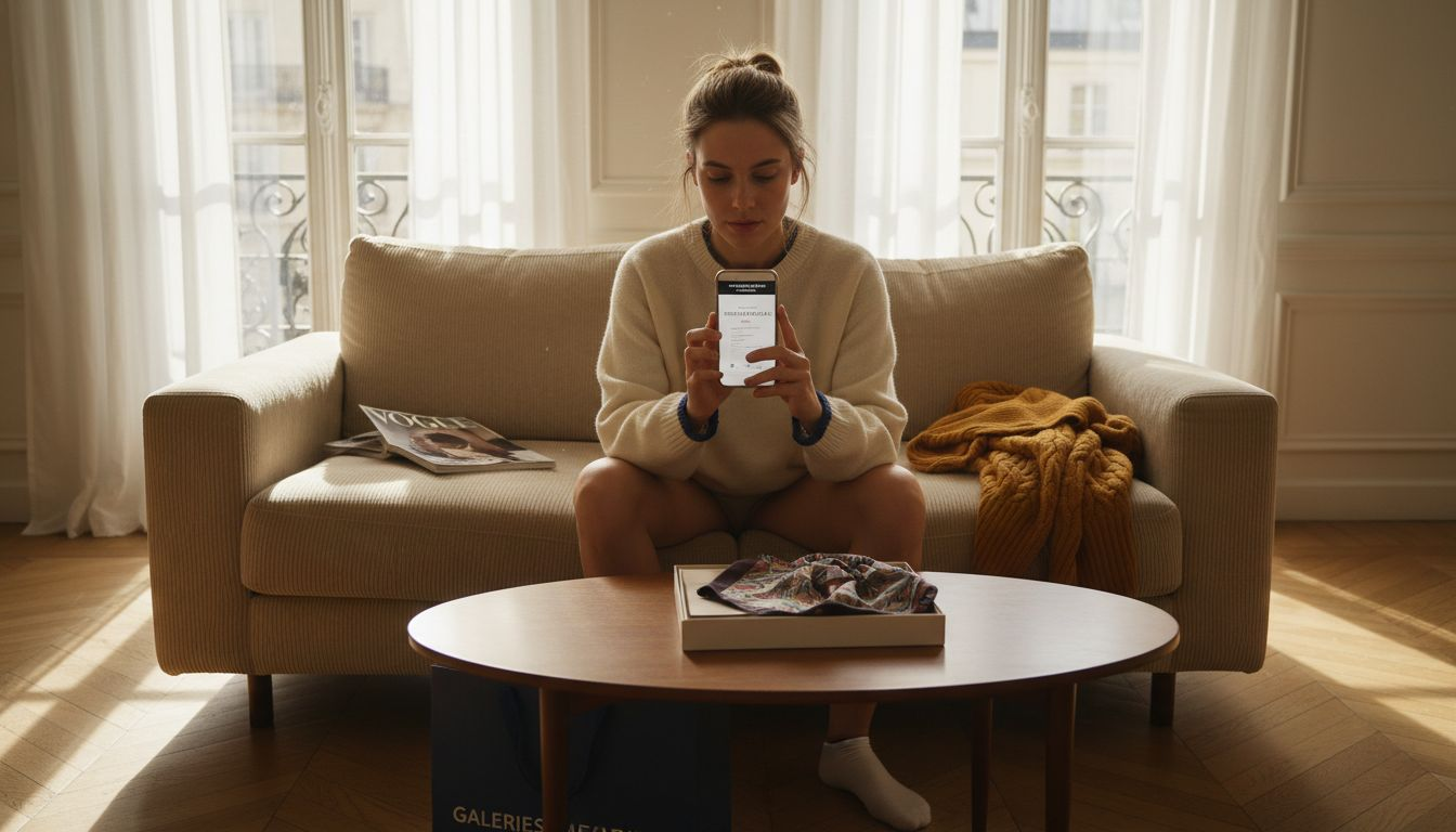 Une jeune femme découvre des offres exclusives sur une application dédiée au luxe, confortablement installée chez elle.
