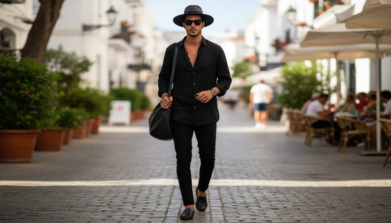 Tenue d'été noire pour homme : maîtriser le total look