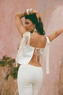 Haut Brodé À Dos Ouvert Et À Liens - Beige