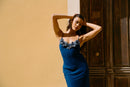 Embroidered Floral Chiffon Dress - Blue