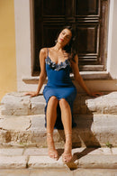 Embroidered Floral Chiffon Dress - Blue