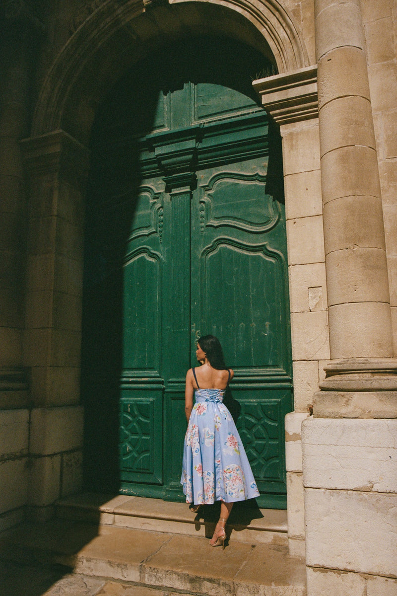 Robe Midi À Lacets Et À Imprimé Fleuri - Bleu