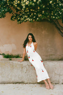 Halterneck Knitted Dress With Crochet Flowers - White