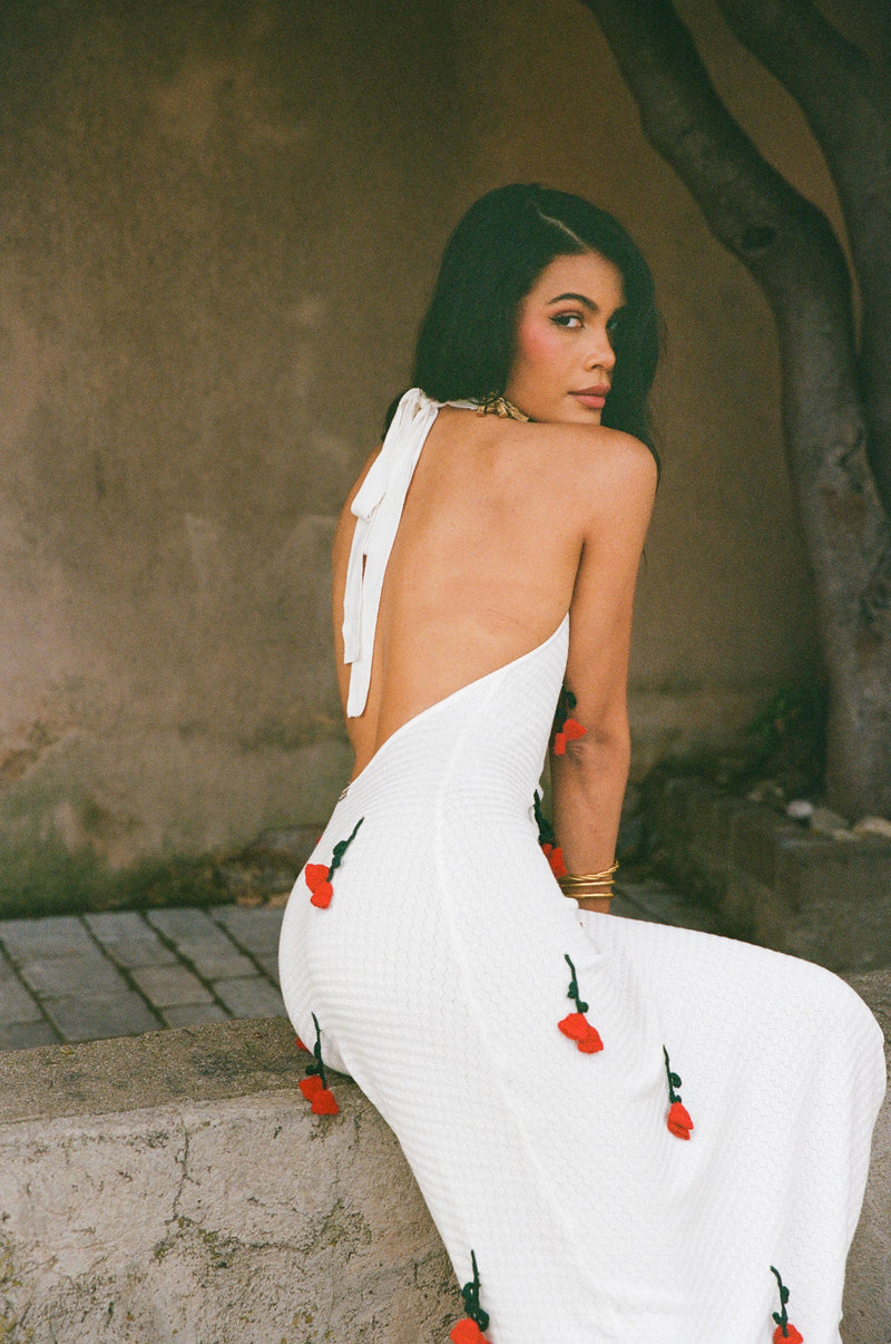 Halterneck Knitted Dress With Crochet Flowers - White