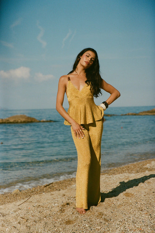 Pantalon En Maille Métallisée - Or