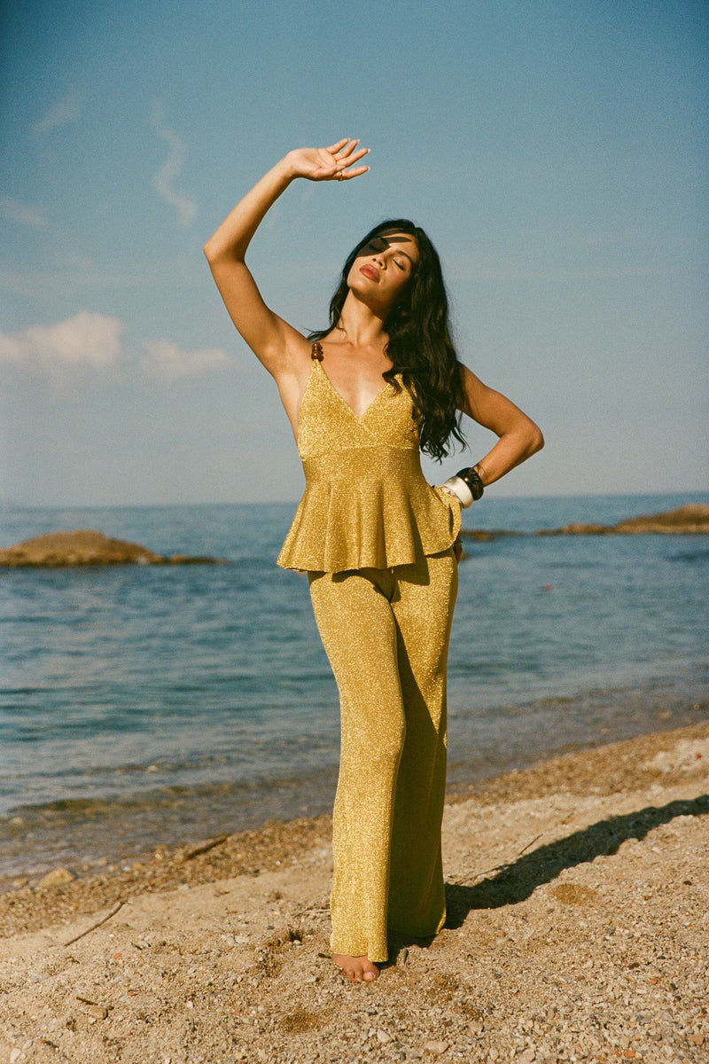 Pantalon En Maille Métallisée - Or