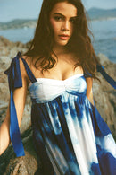 Printed Pleated Chiffon Dress - Blue