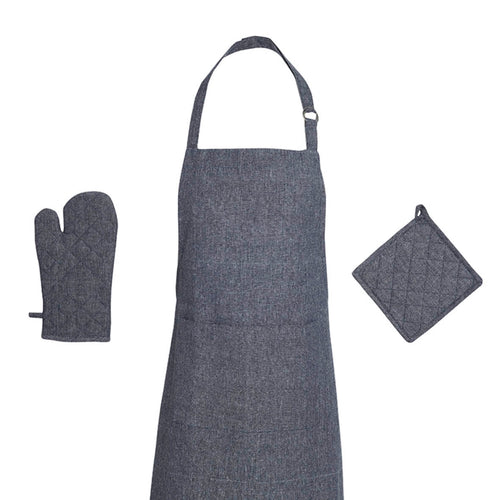 Ensemble Tablier, Gant De Cuisine & Manique - Chambray - Bleu Foncé