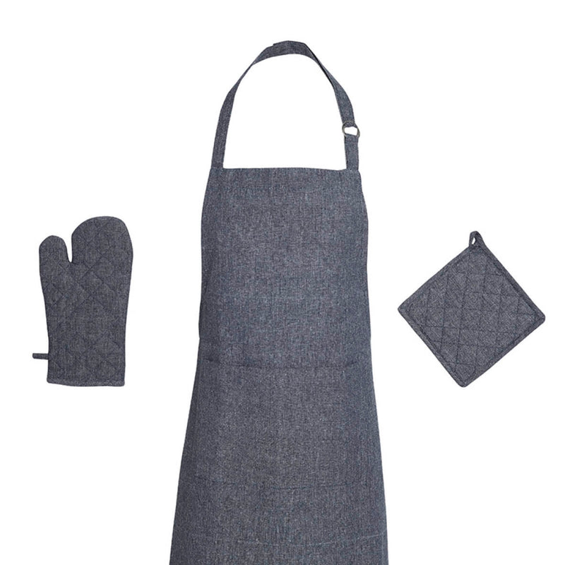 Ensemble Tablier, Gant De Cuisine & Manique - Chambray - Bleu Foncé