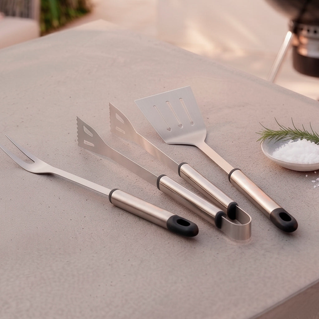 Set d'Ustensiles pour Barbecue 3 Pièces - Grill - Acier Inoxydable 420 - Argent