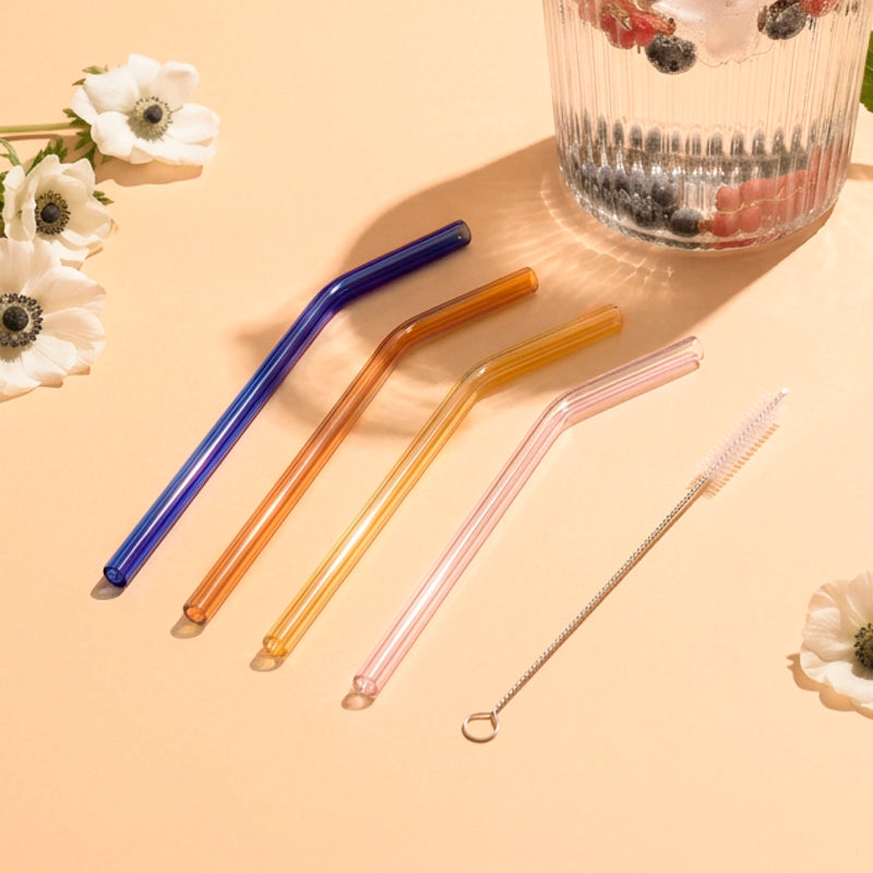 Lot De 4 Pailles + Brosse - Spirit Bleu / Ambre / Jaune / Rose
