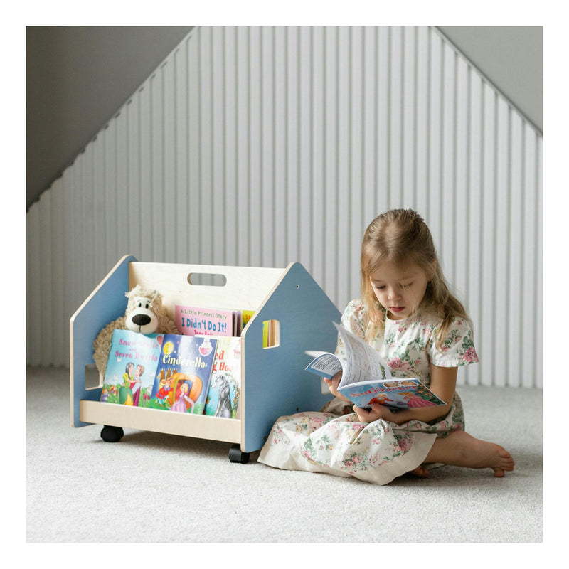 Bibliothèque Enfant Double-Face Sur Roulettes – Bleu Clair