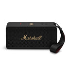 Marshall – Middleton II - Altavoz Portátil - Black & Brass, altavoz portátil negro con logotipo dorado, vista frontal sobre fondo blanco