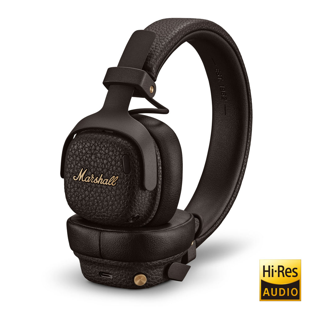 Marshall – Milton ANC - Auriculares Inalámbricos - Marrón, auriculares negros de piel con logotipo dorado, vista frontal
