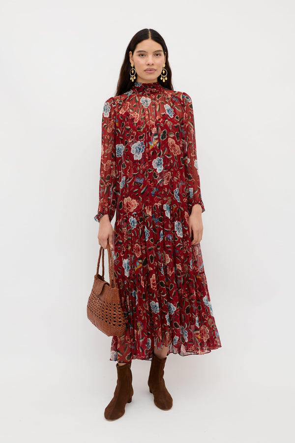 Vestido Floral Mariposa Adalind Burdeos