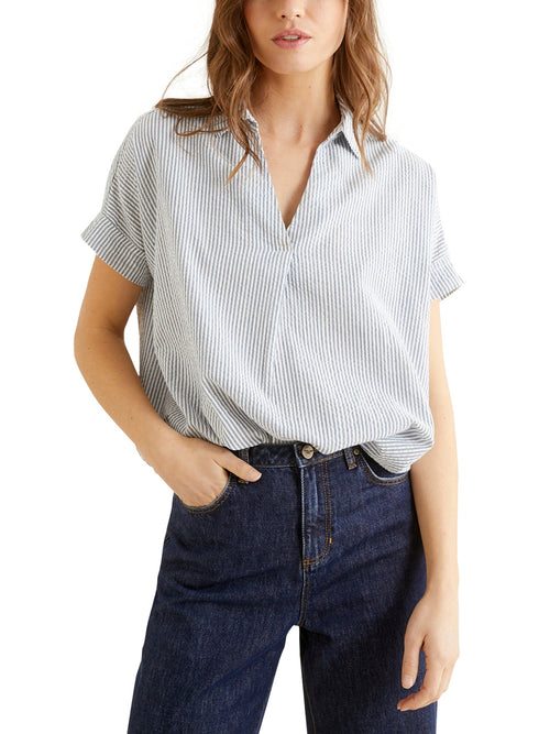 Blouse Vareuse Seersuc - Blanc Clair Raye - Femme