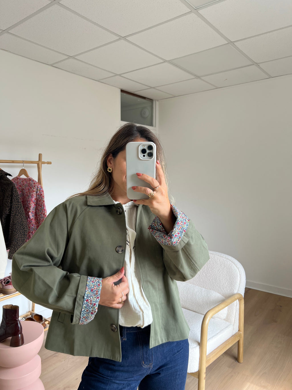 Edith Trench Jacket In Khaki Liberty Cotton