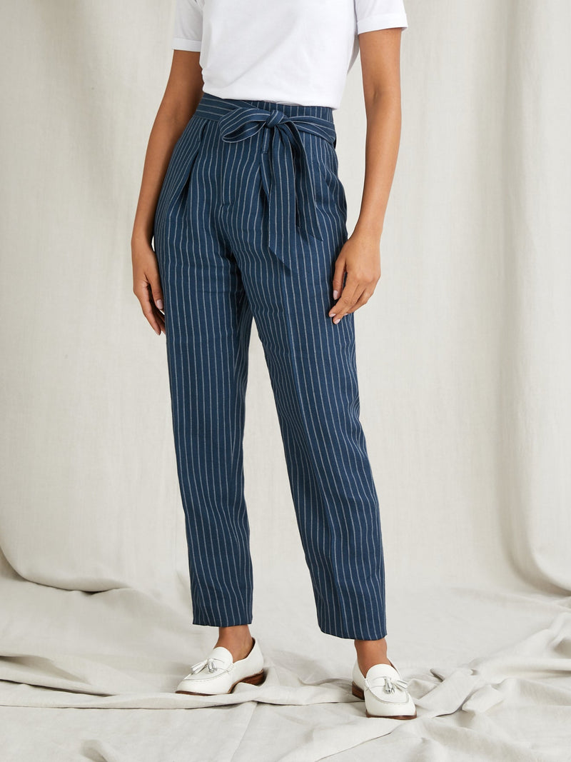 Pantalon Lin Raye B - Bleu Fonce Raye - Femme