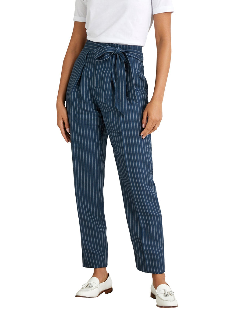 Pantalon Lin Raye B - Bleu Fonce Raye - Femme