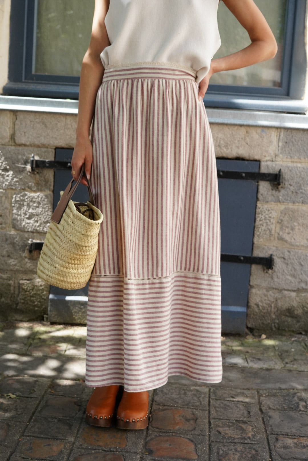 Anna Stripe Skirt Ecru/Raspberry