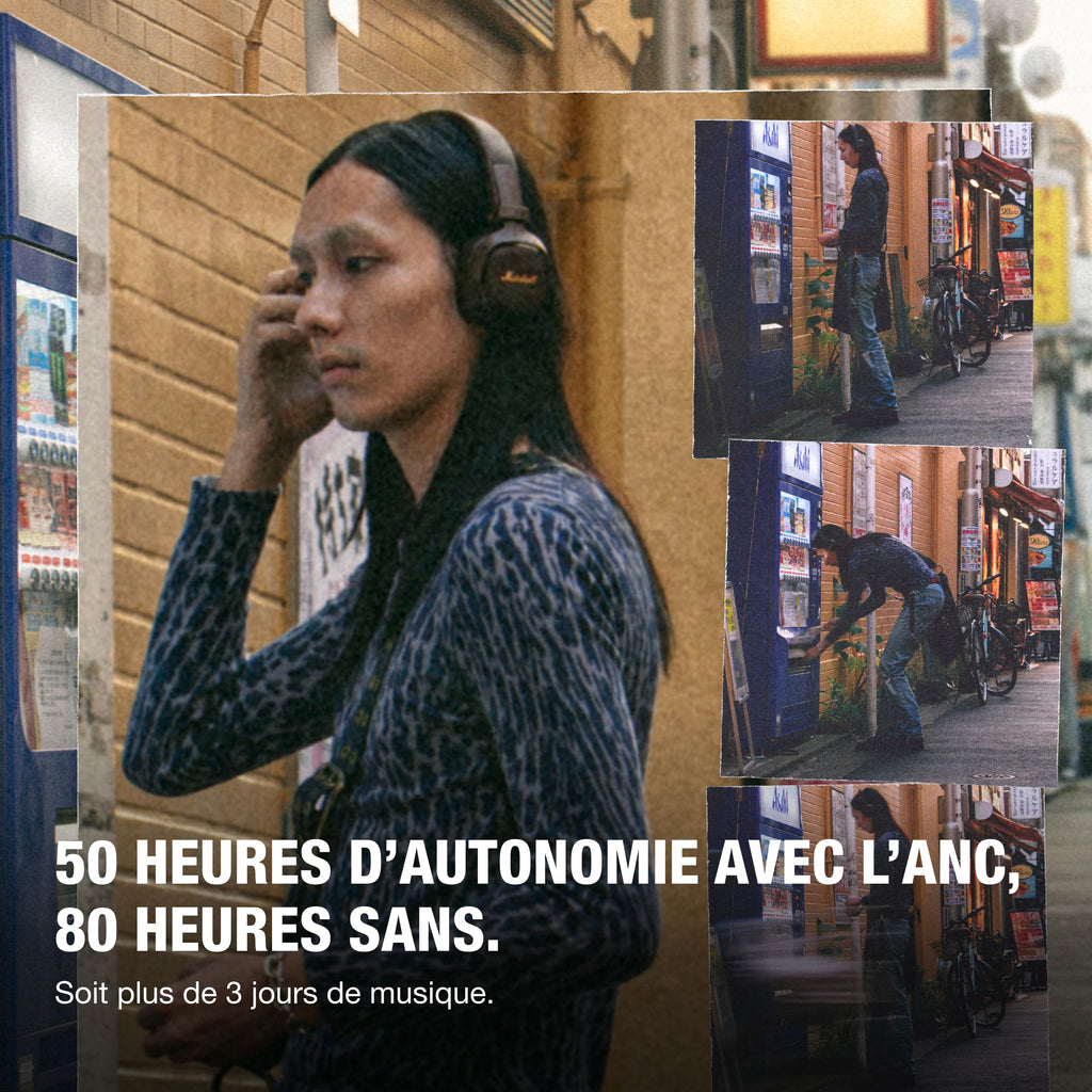Marshall – Milton ANC - Auriculares Inalámbricos - Marrón, persona llevando unos auriculares marrones en una calle concurrida