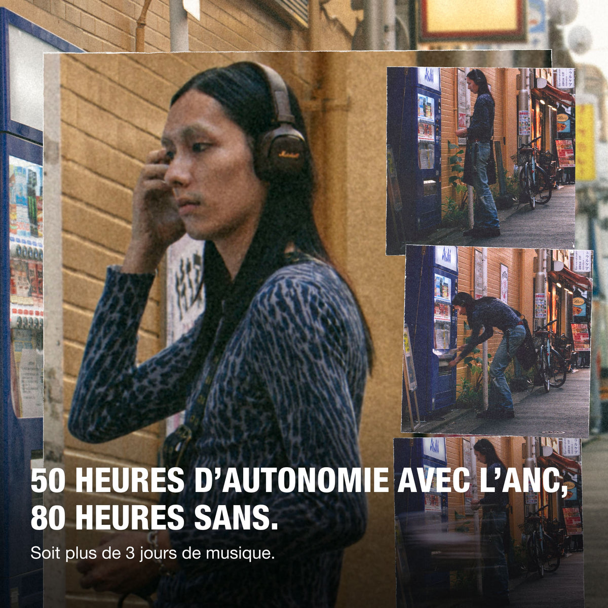 Marshall – Milton ANC - Auriculares Inalámbricos - Marrón, persona llevando unos auriculares marrones en una calle concurrida