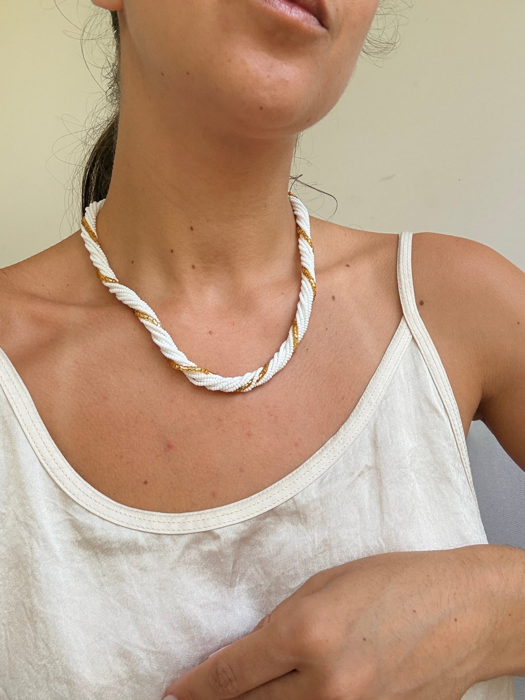 Vintage Gold-Tone Necklace - Twisted White And Gold-Tone Beads