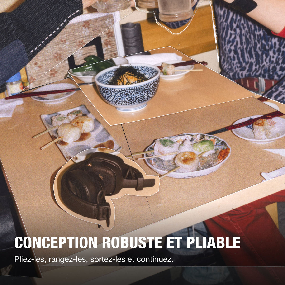 Marshall – Milton ANC - Auriculares Inalámbricos - Marrón, auriculares marrones apoyados sobre una mesa de restaurante japonés con platos