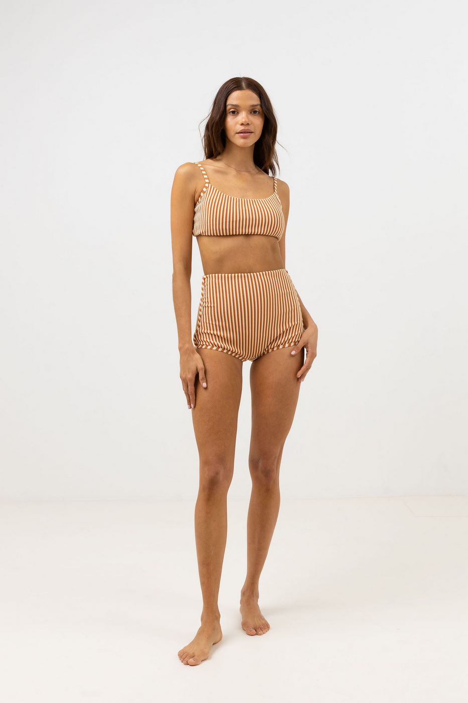 Rhythm - Sunbather Stripe Crop Top Swimsuit - Chocolate - Women