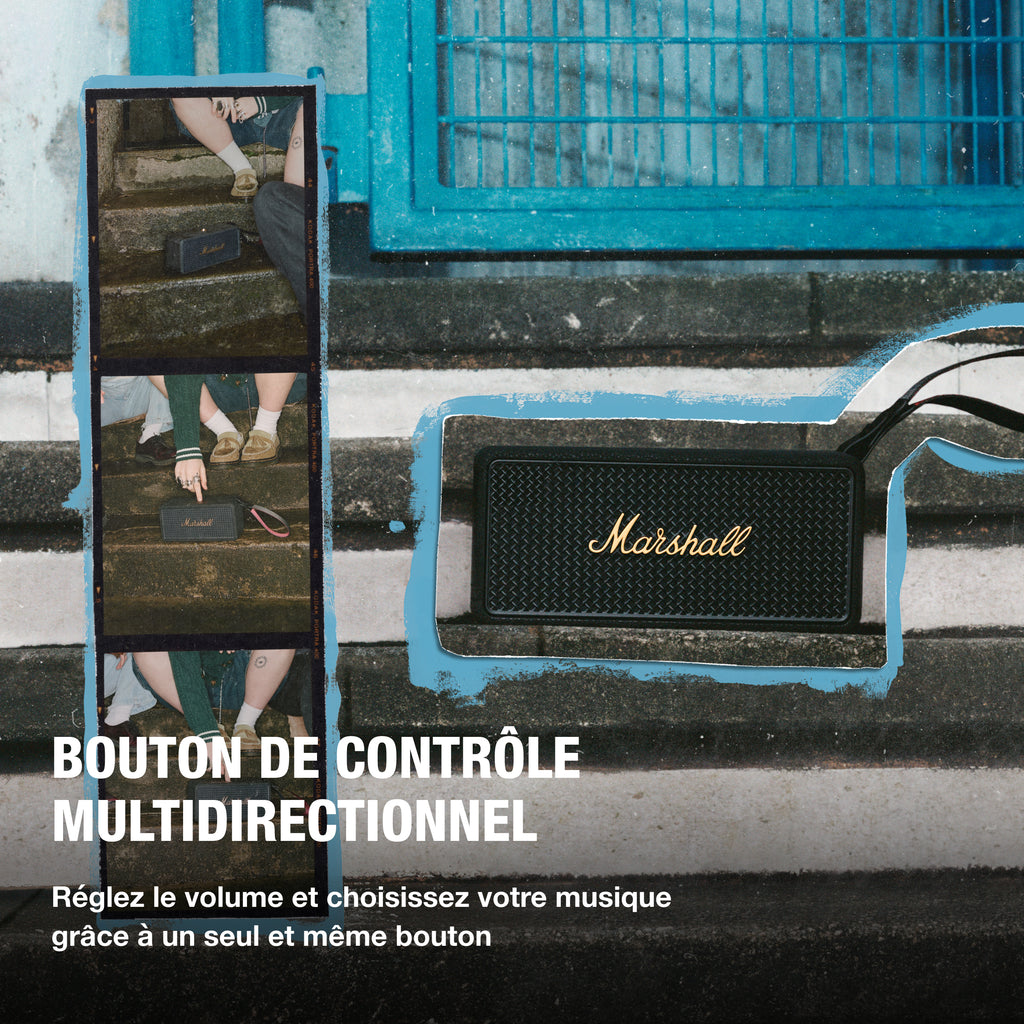 Marshall – Middleton II - Altavoz Portátil - Black & Brass, altavoz Marshall negro apoyado en unos escalones de hormigón