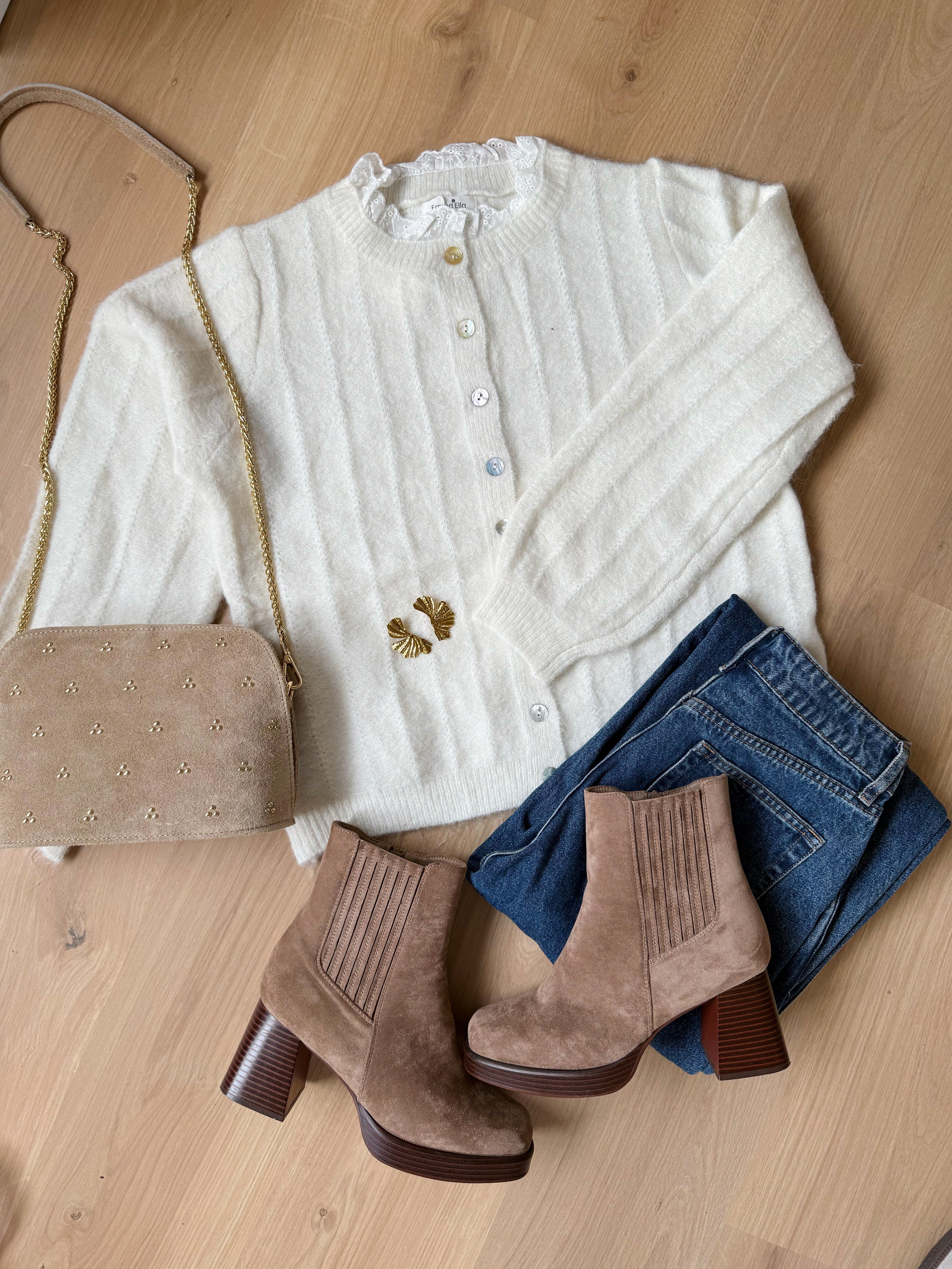 White Lola Cardigan With Lace Collar