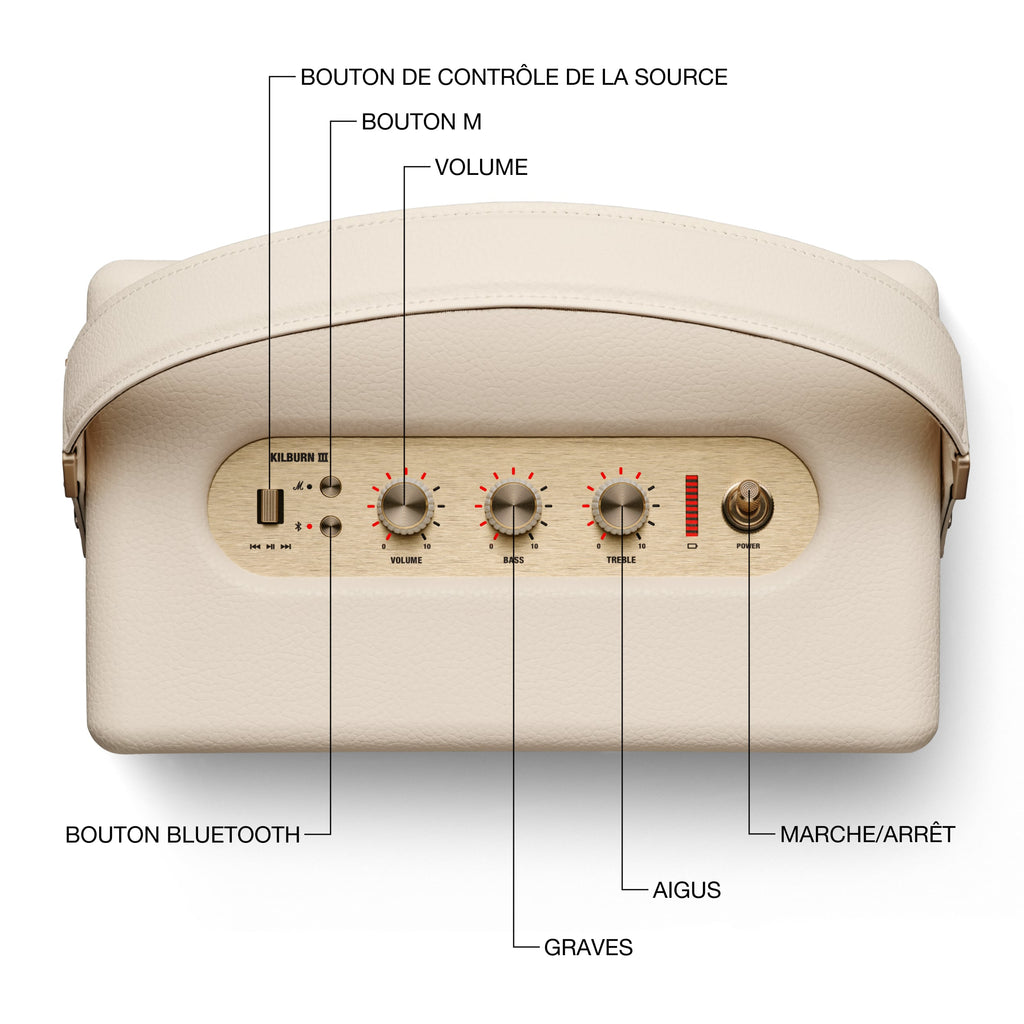 Marshall – Kilburn III - Portable Speaker - Cream, top view of a beige portable speaker with its control knobs