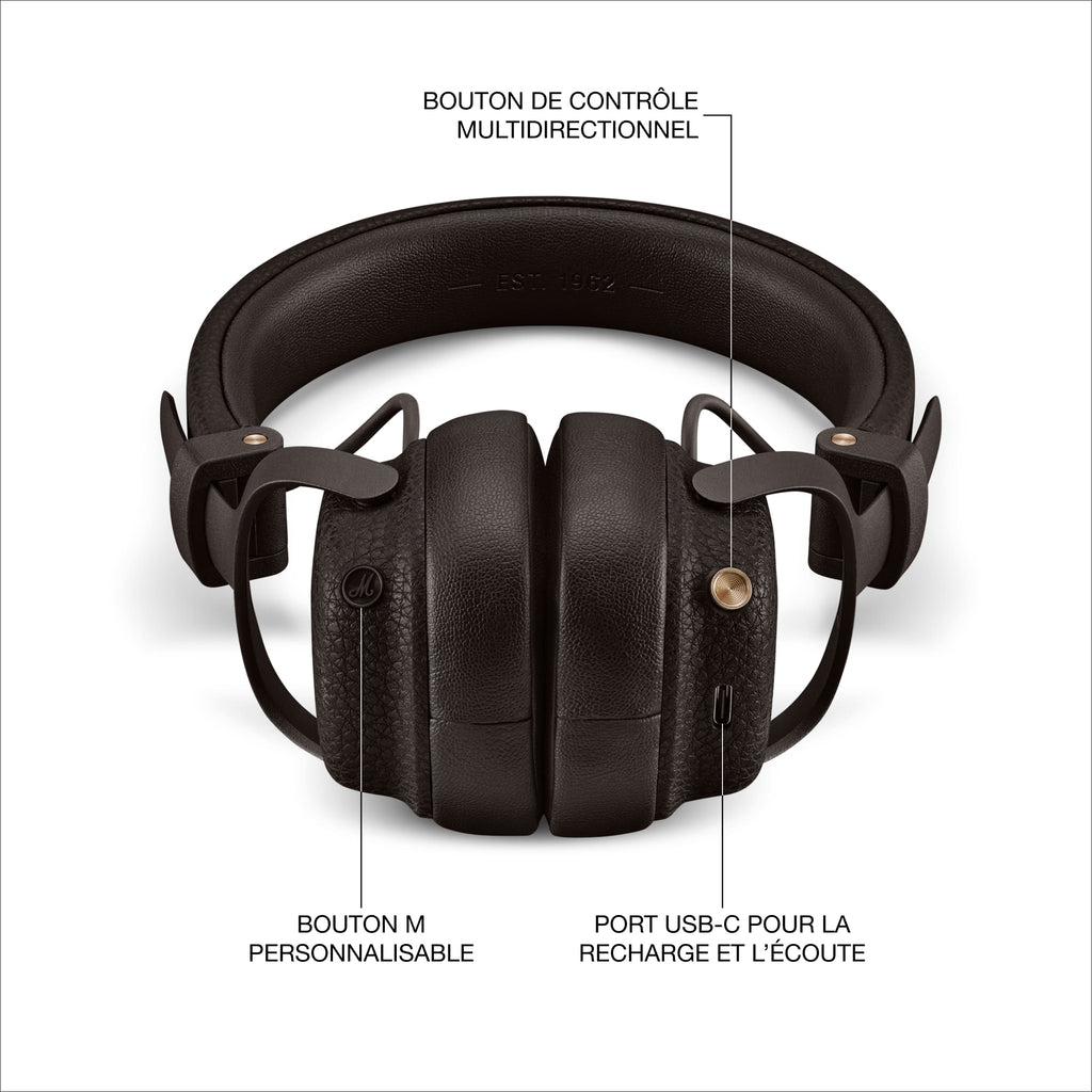 Marshall – Milton ANC - Auriculares Inalámbricos - Marrón, auriculares negros con detalles dorados y anotaciones