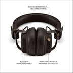 Marshall – Milton ANC - Auriculares Inalámbricos - Marrón, auriculares negros con detalles dorados y anotaciones