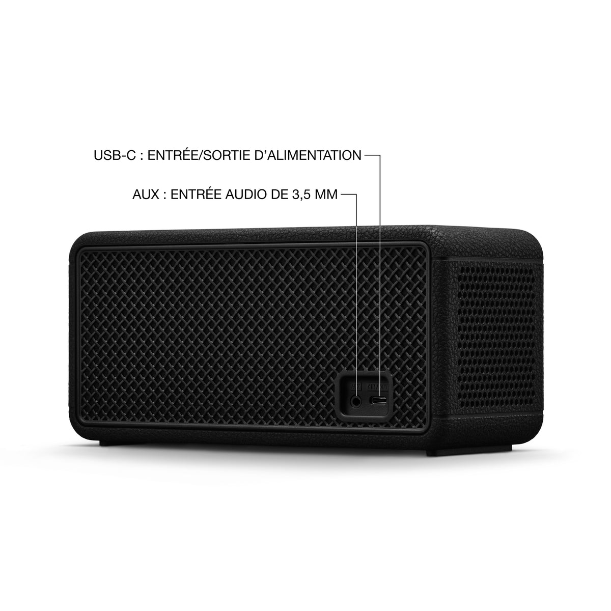 Marshall – Middleton II - Altavoz Portátil - Black & Brass, vista trasera de un altavoz negro con los puertos USB-C y AUX