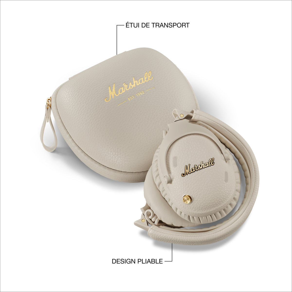 Marshall – Monitor III ANC - Cuffie Wireless - Crema, cuffie audio pieghevoli beige con custodia da trasporto abbinata